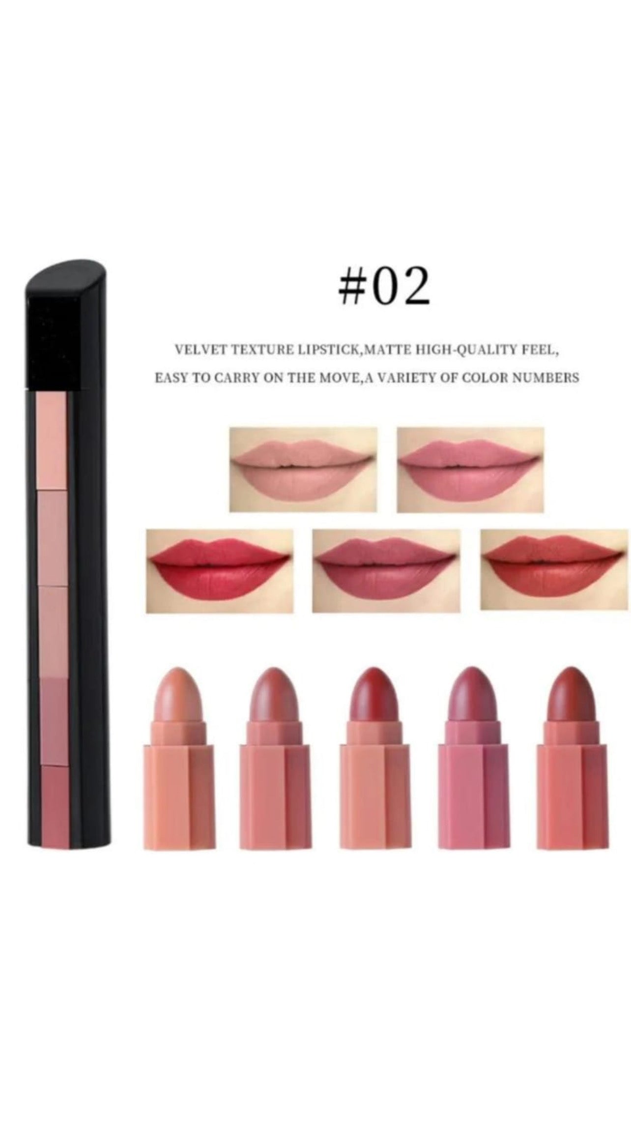 5 in 1 Rotating Lipstick – 5 Shades in One Stick, Long-Lasting & Moisturizing